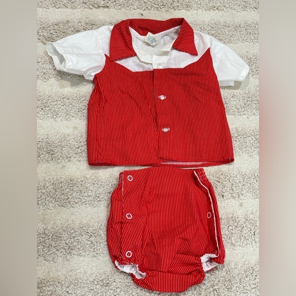 Vintage 1970s sailor set baby boy button down shirt high rise shorts striped